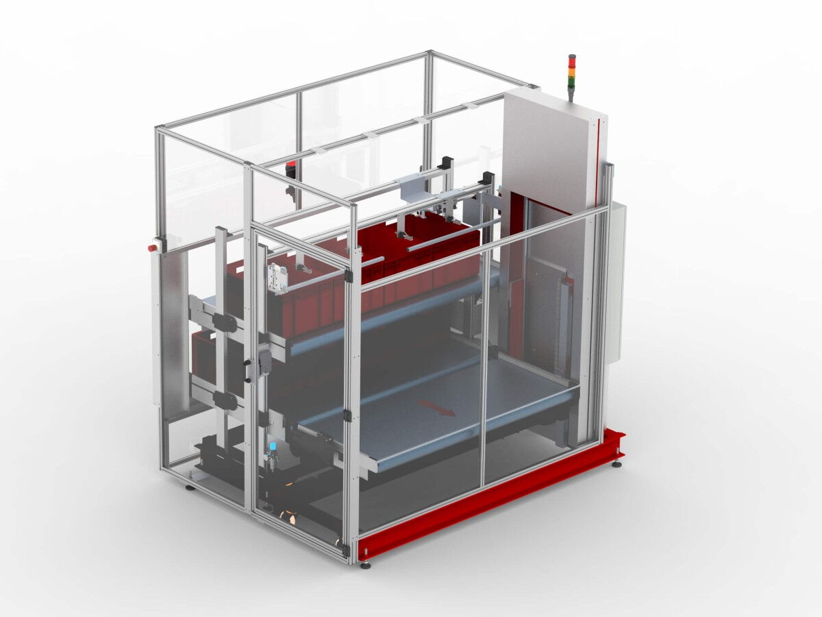 Pufferanlage auf 3 Ebenen mit elektrischem Hublift zur Pufferung von Behältern als Schnittstelle zum Fahrerlosen Transportsystem
