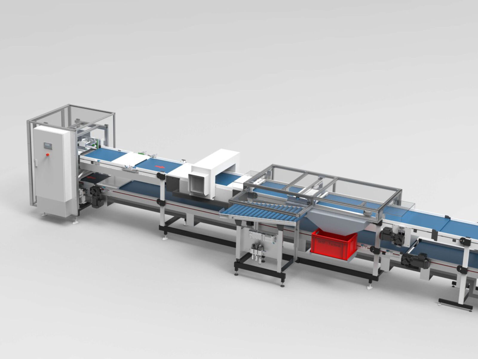 Parallelhubstationen mit Förderbandsystem und Metalldetektor für das Fördern und Handling von Trays nach der Schokoladenproduktion