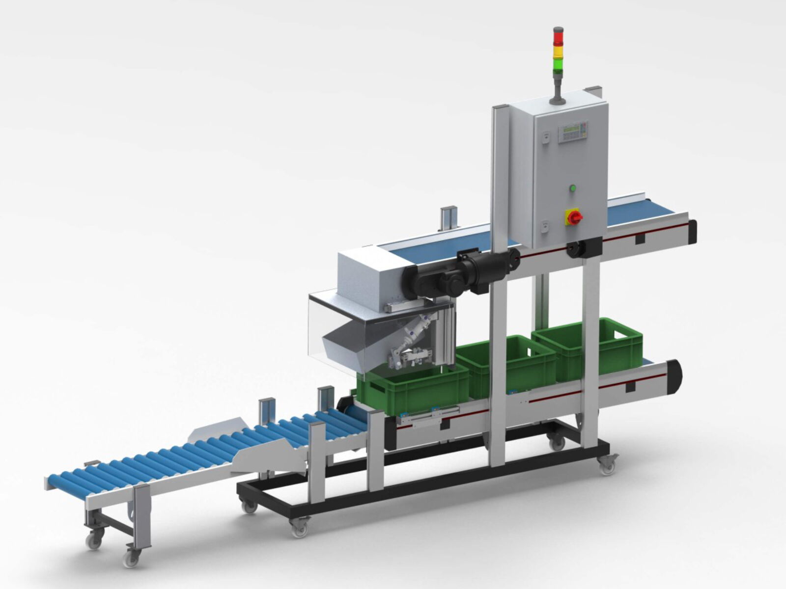 Linearpuffer mit klappbarer Rollenbahn und Zwischenspeicher für Behälterwechsel zur Zählung und Pufferung von Extrusionsteilen