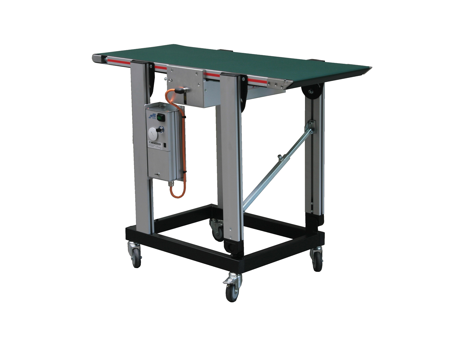 Kleinförderband IL-LD 230 mit Trommelmotor als Mittenantrieb, Messerkante, ohne Seitenführung, grünem, glattem Gurt und fahrbarem Untergestell