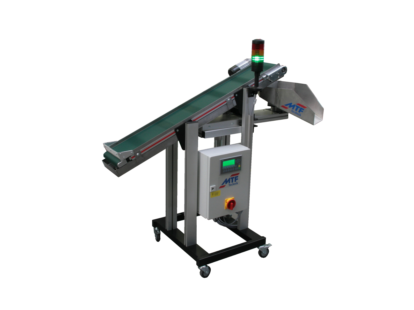 Kleinförderband IL-LD 230 mit Multi-Rounder Drehverteiler, grünem, glattem Gurt und fahrbarem Untergestell